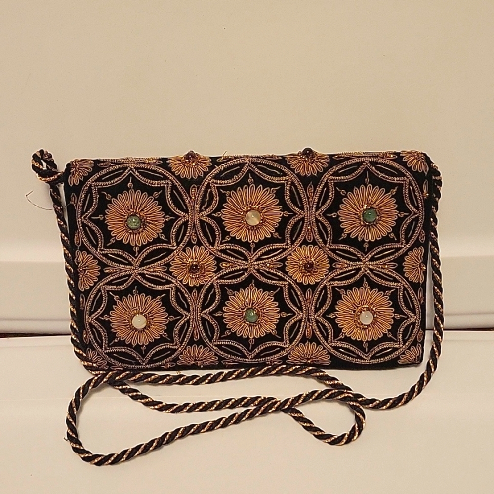 Lux black beaded embroidered velvet evening bag w zardozi thread- vintage 1960s